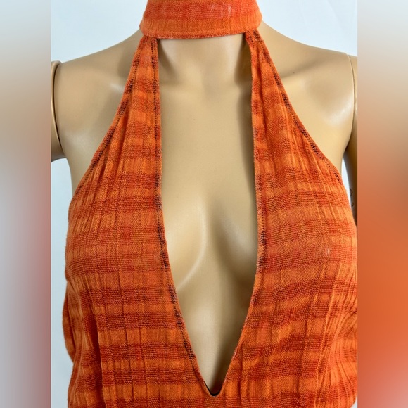 Unknown Designer? Orange Striped Jumpsuit Choker Neck Deep V Flared Legs… - Picture 5 of 11
